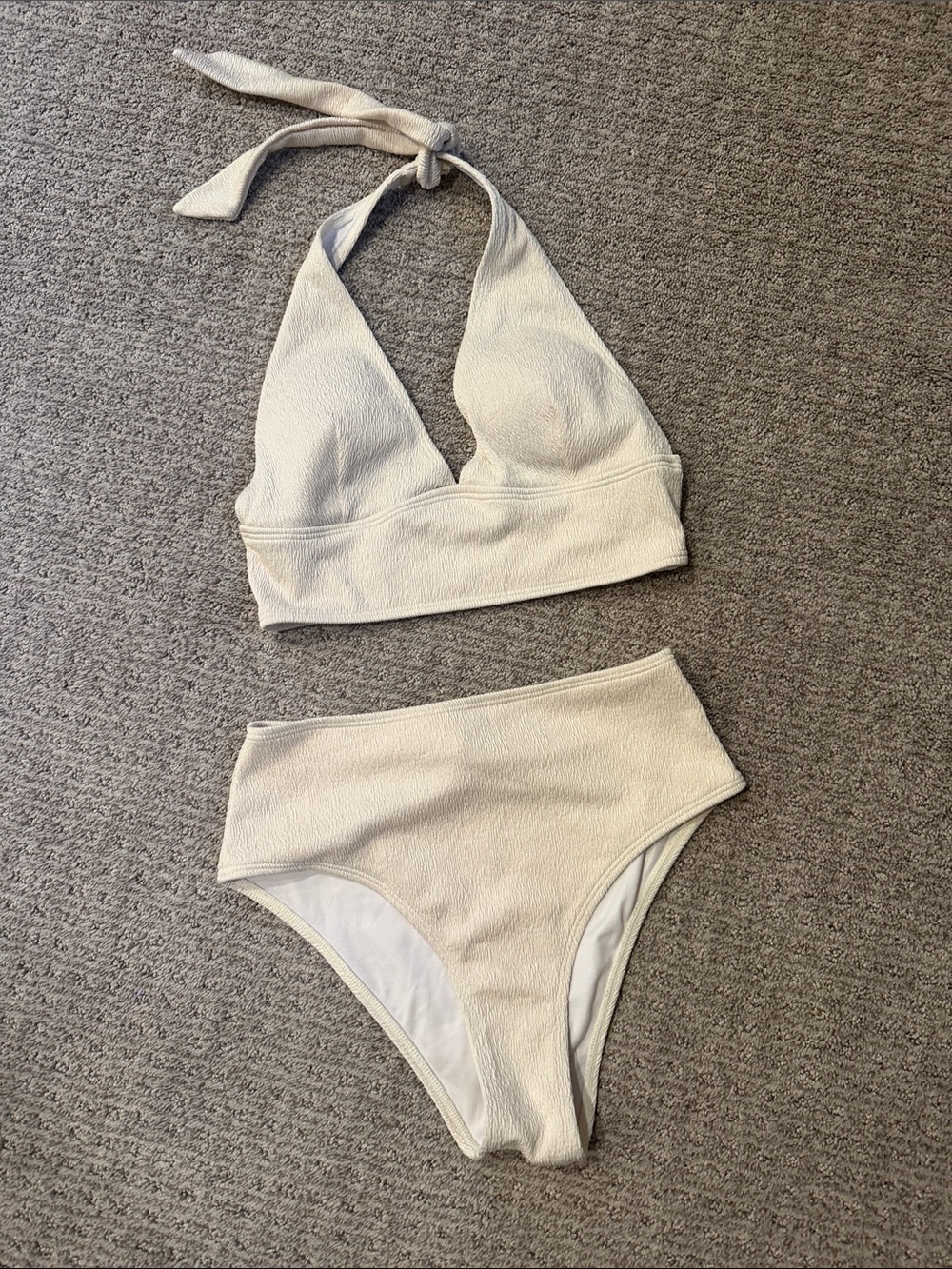 Halter Textured High-Waist Bikini Set in Cream